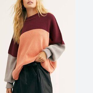 Free People Easy Street Burgundy and Peach Colorblock Sweater